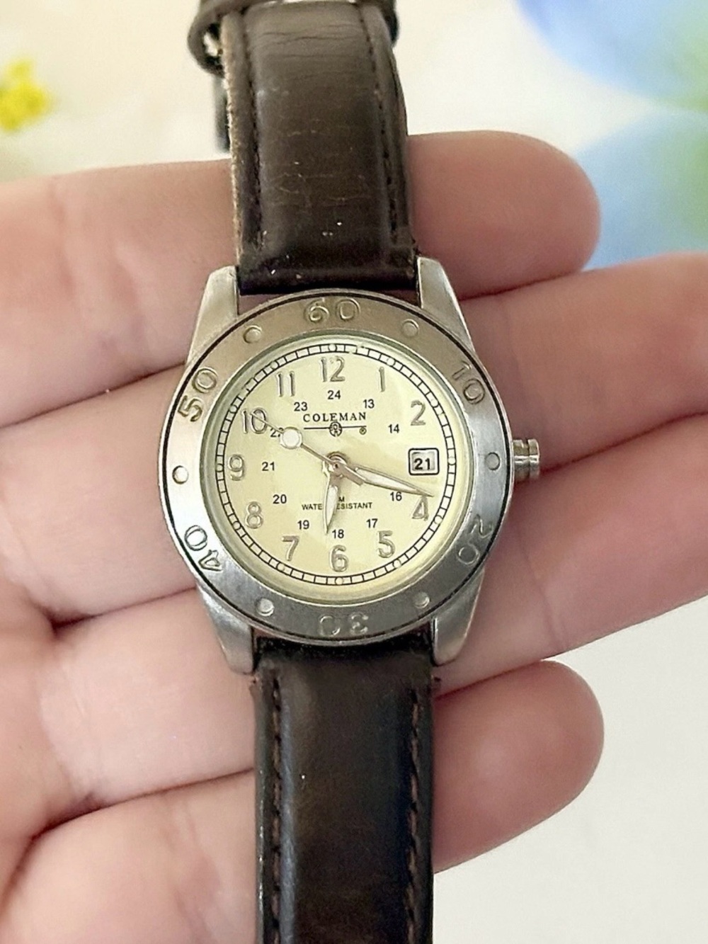 Vintage Coleman Rugged Field Watch Genuine Brown Leather Strap-Sport Fashion